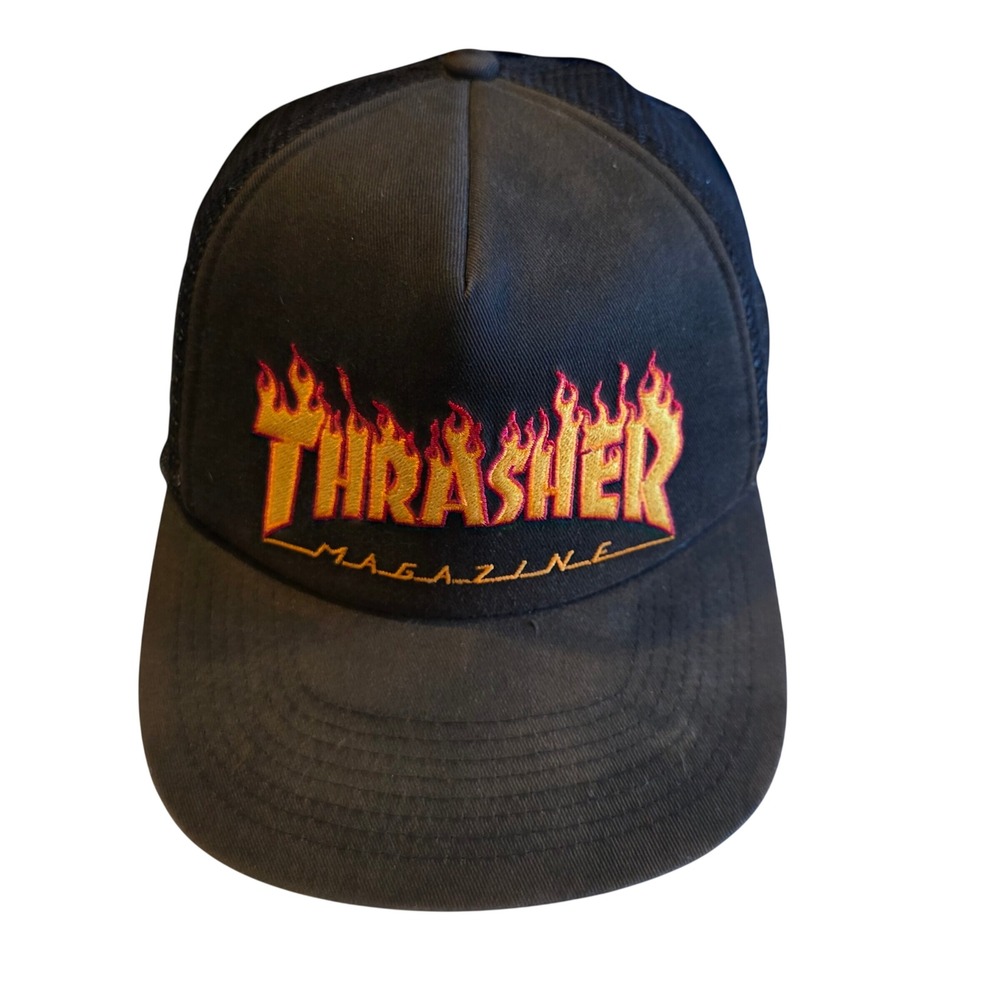 Thrasher Magazine Flame Logo Trucker Hat Black Snapback Skate Mesh Cap